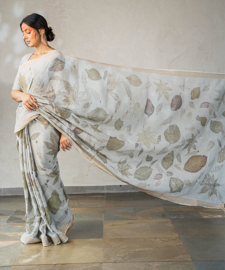 Ash grey hand dyed with iron ore bio print cotton saree