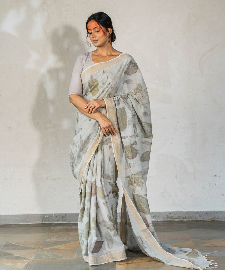 Ash grey hand dyed with iron ore bio print cotton saree
