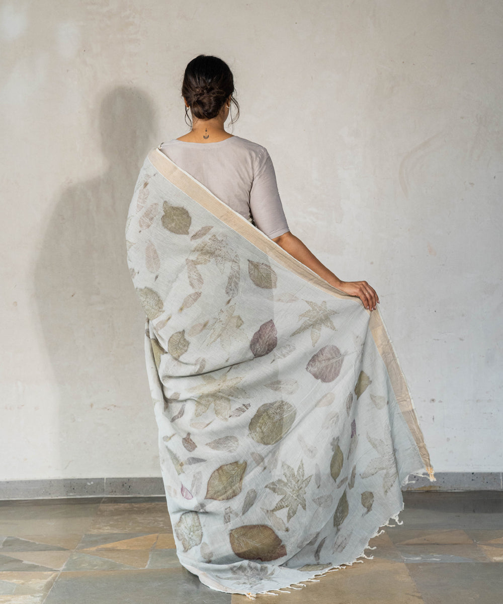 Ash grey hand dyed with iron ore bio print cotton saree