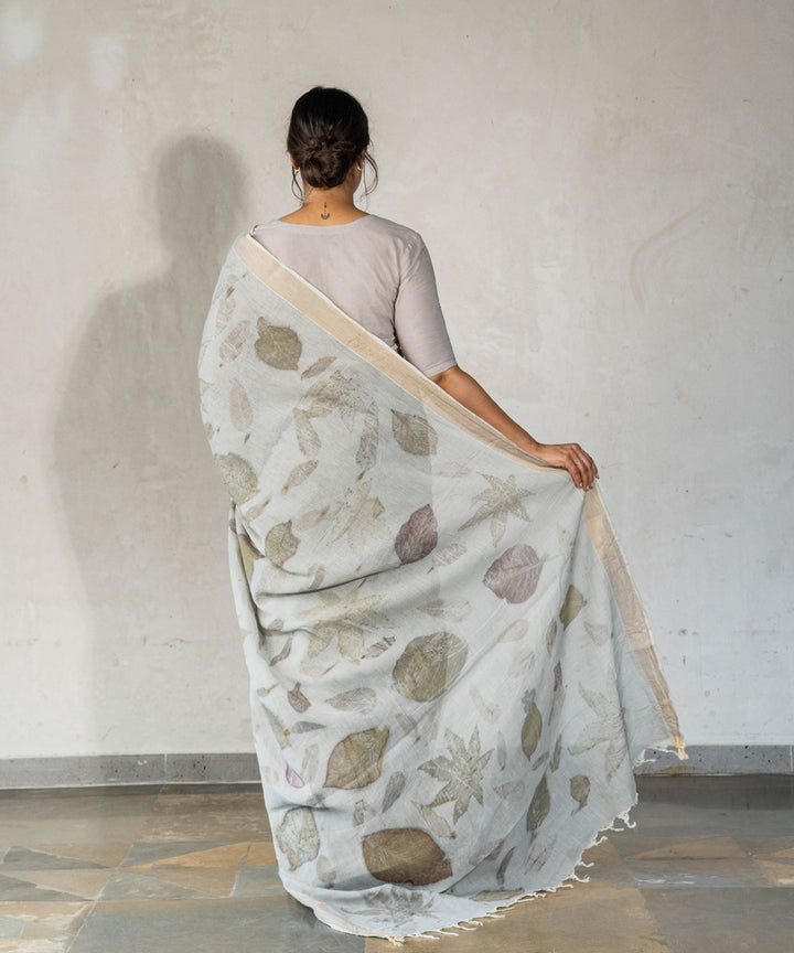 Ash grey hand dyed with iron ore bio print cotton saree