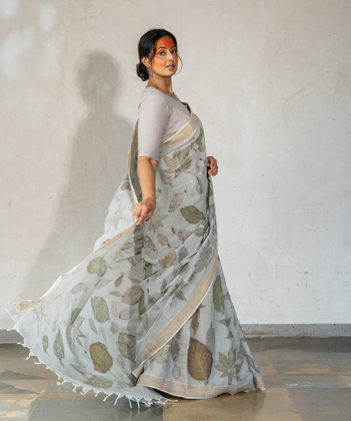 Ash grey hand dyed with iron ore bio print cotton saree