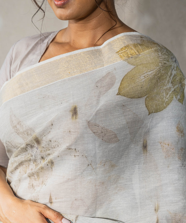 Ash grey cotton hand dyed with iron ore bio print saree