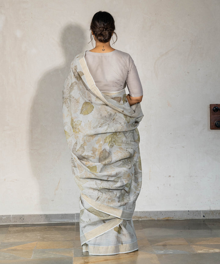 Ash grey cotton hand dyed with iron ore bio print saree