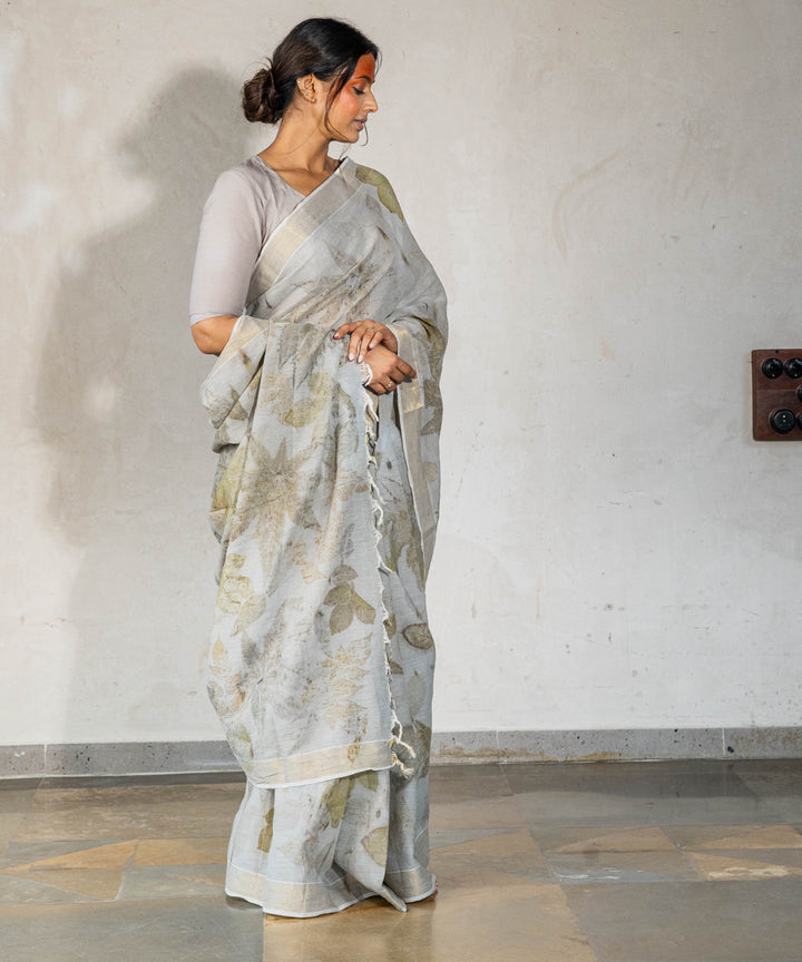 Ash grey cotton hand dyed with iron ore bio print saree