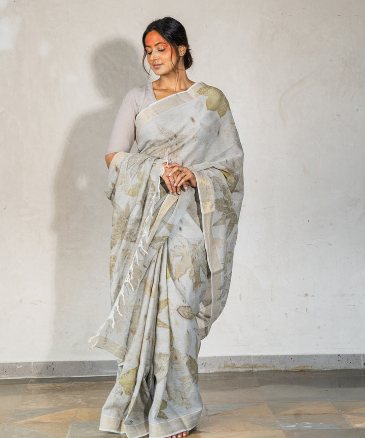 Ash grey cotton hand dyed with iron ore bio print saree