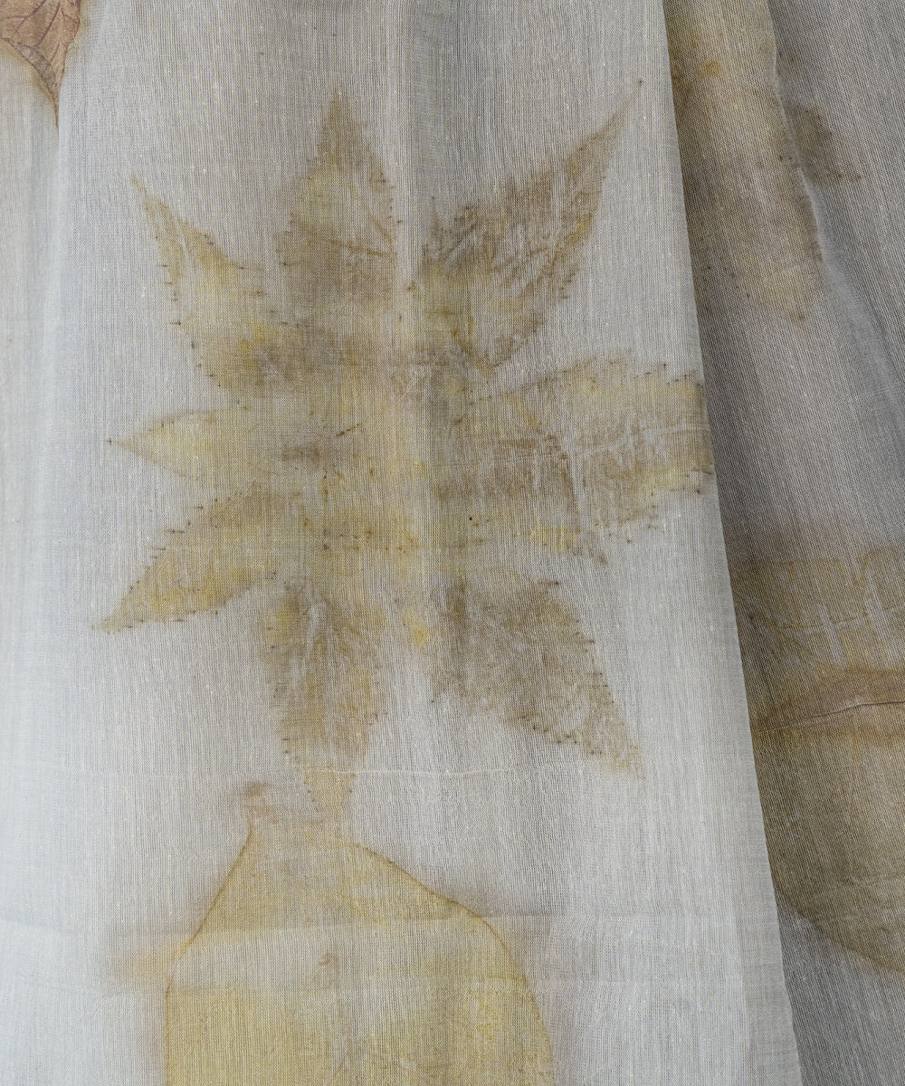 Ash grey hand dyed with iron ore bio printed cotton saree