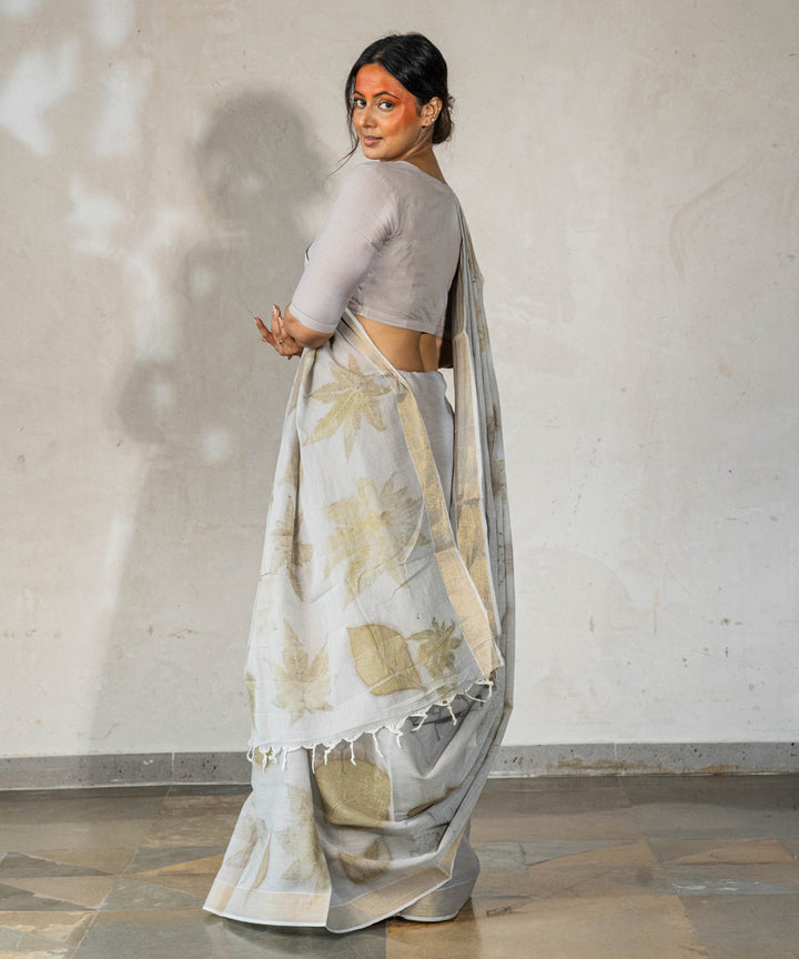 Ash grey hand dyed with iron ore bio printed cotton saree