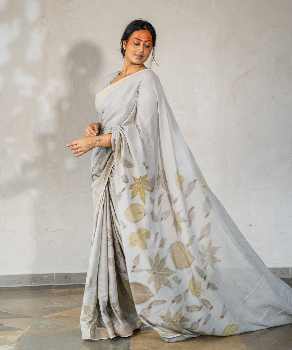 Ash grey cotton hand dyed with iron ore bio printed saree