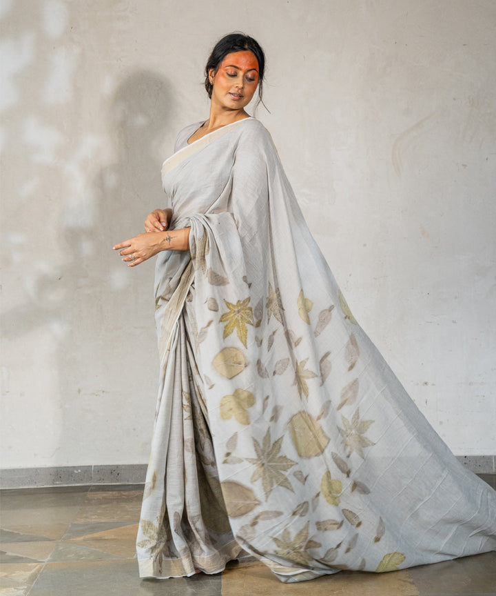 Ash grey cotton hand dyed with iron ore bio printed saree