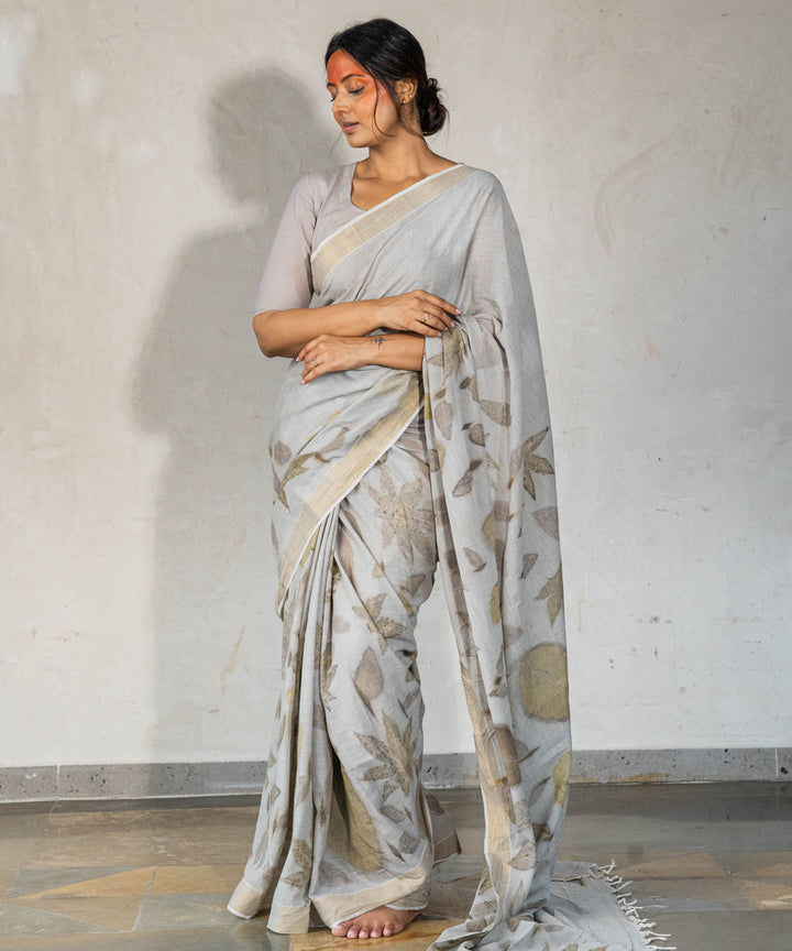 Ash grey cotton hand dyed with iron ore bio printed saree