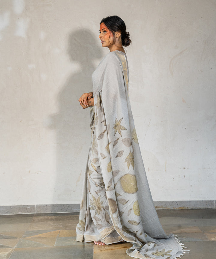 Ash grey cotton hand dyed with iron ore bio printed saree