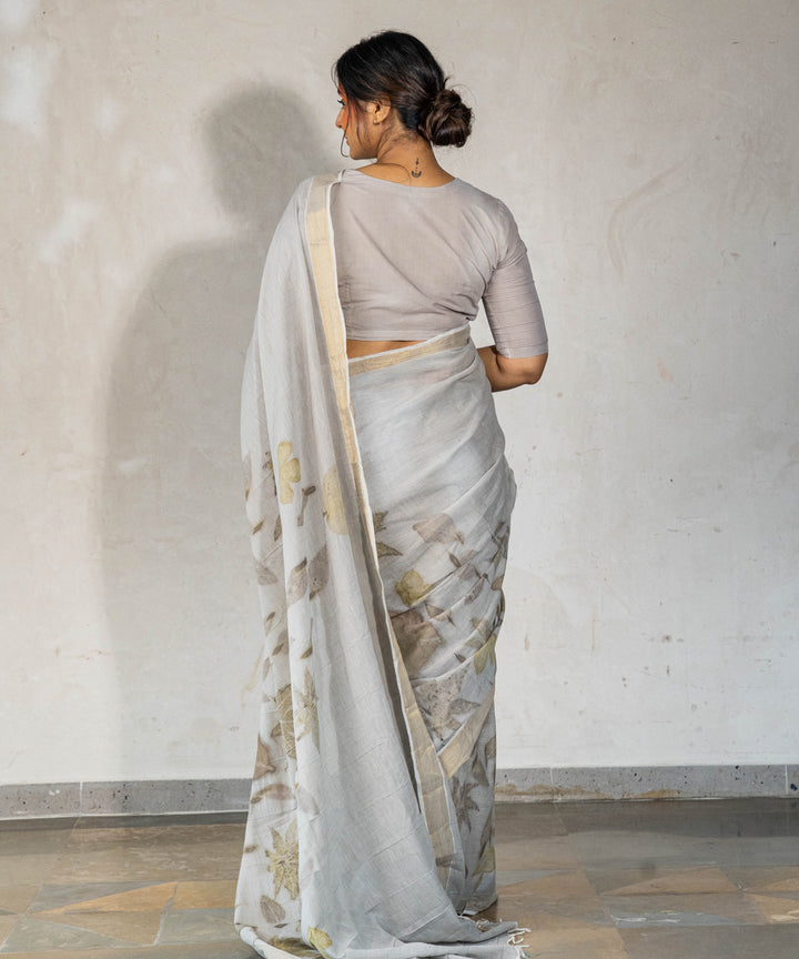 Ash grey cotton hand dyed with iron ore bio printed saree