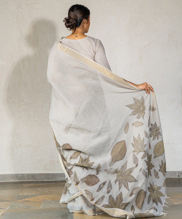 Ash grey hand dyed with iron ore cotton bio print saree