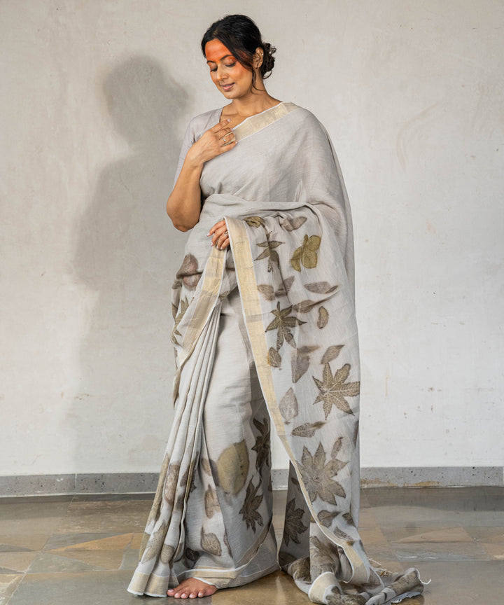 Ash grey hand dyed with iron ore cotton bio print saree