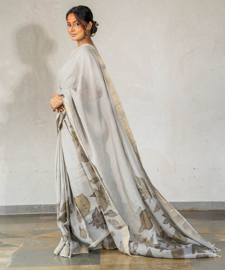 Ash grey hand dyed with iron ore cotton bio print saree