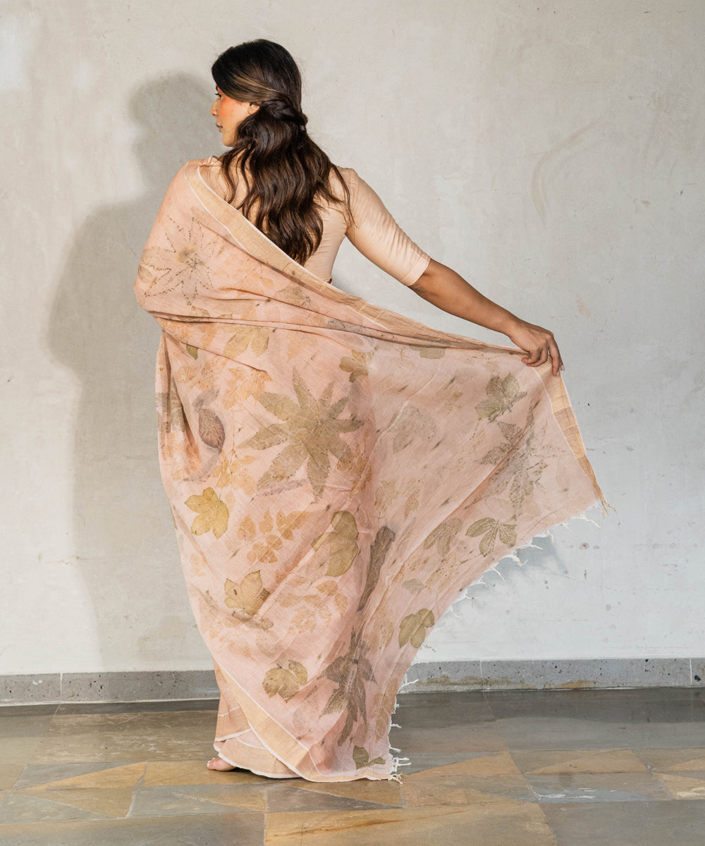 Light flamingo pink hand dyed manjeestha roots cotton bio print saree