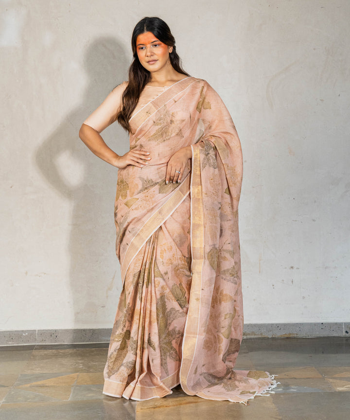 Light flamingo pink hand dyed manjeestha roots cotton bio print saree