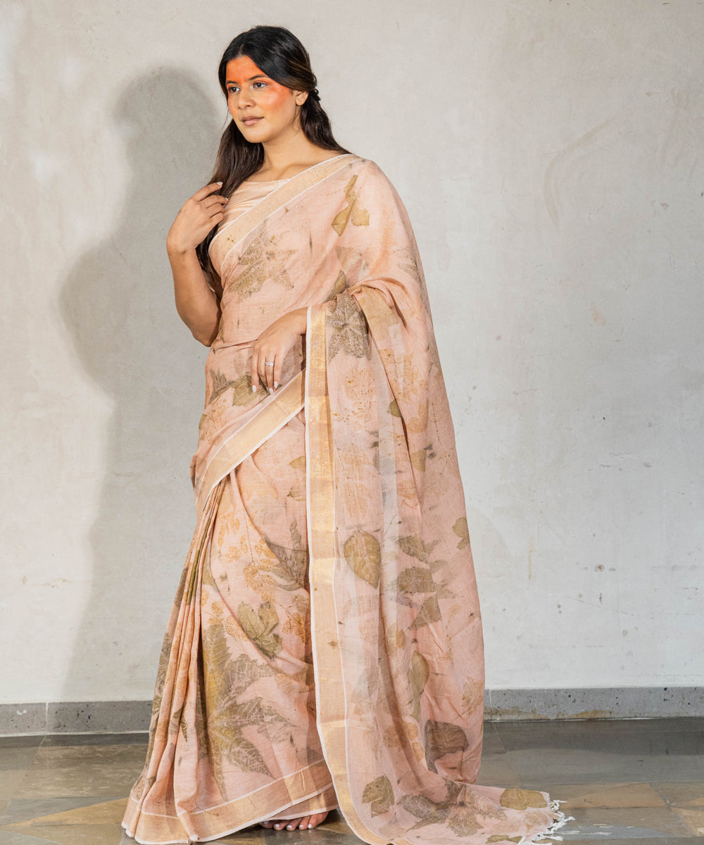 Light flamingo pink hand dyed manjeestha roots cotton bio print saree