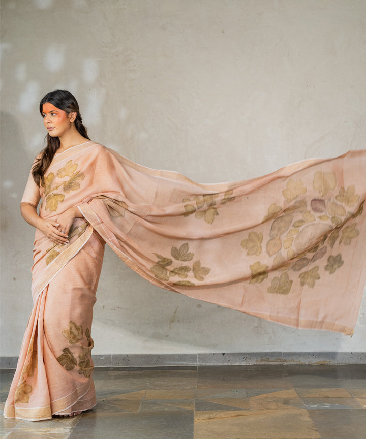 Light flamingo pink cotton hand-dyed manjeestha roots bio print saree