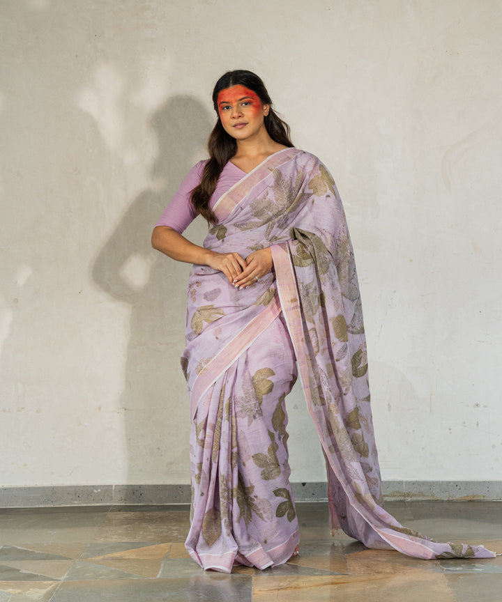 Soft lilac hand dye with jamun extract bio print cotton saree