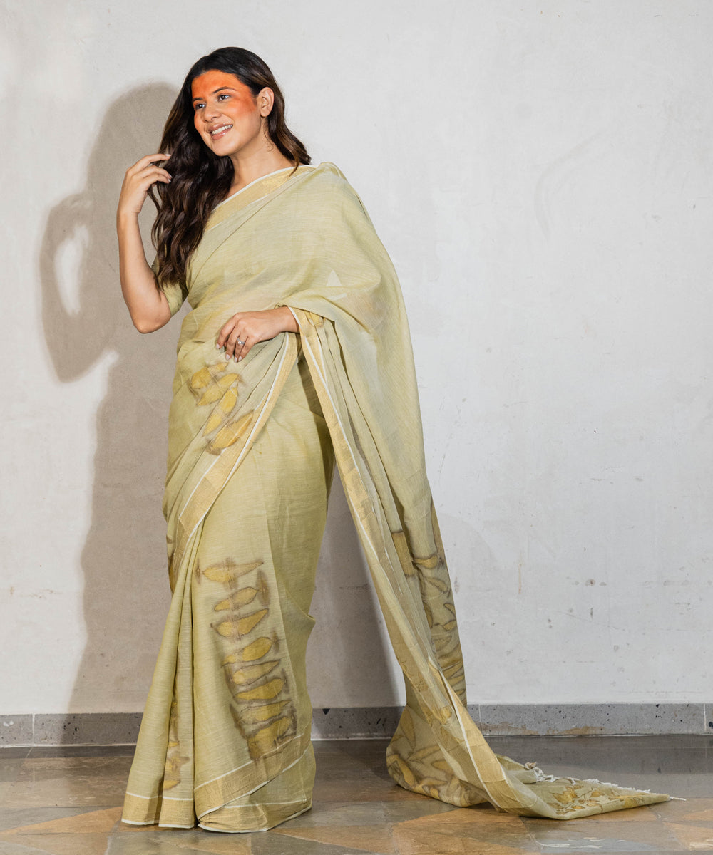 Green hand-dyed with spinach extract bio print cotton saree