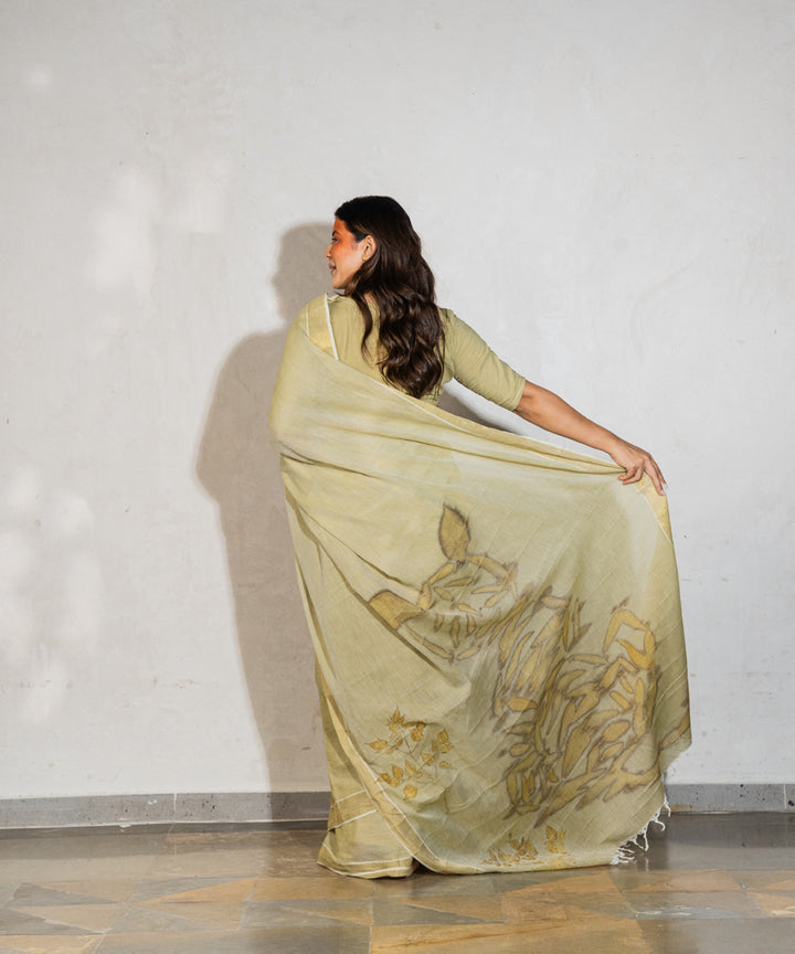 Green hand-dyed with spinach extract bio print cotton saree