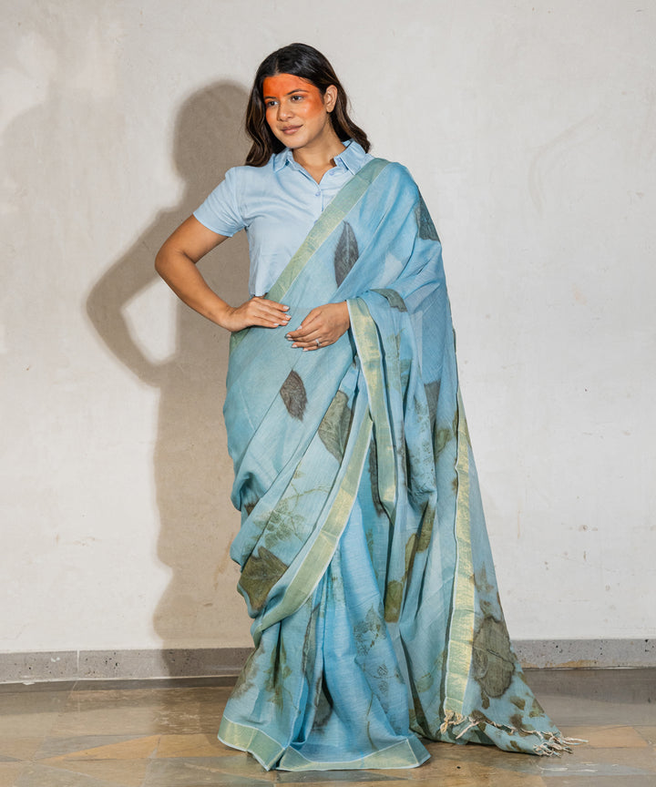 Soft indigo blue dyed liquid extracts of indigo print cotton saree
