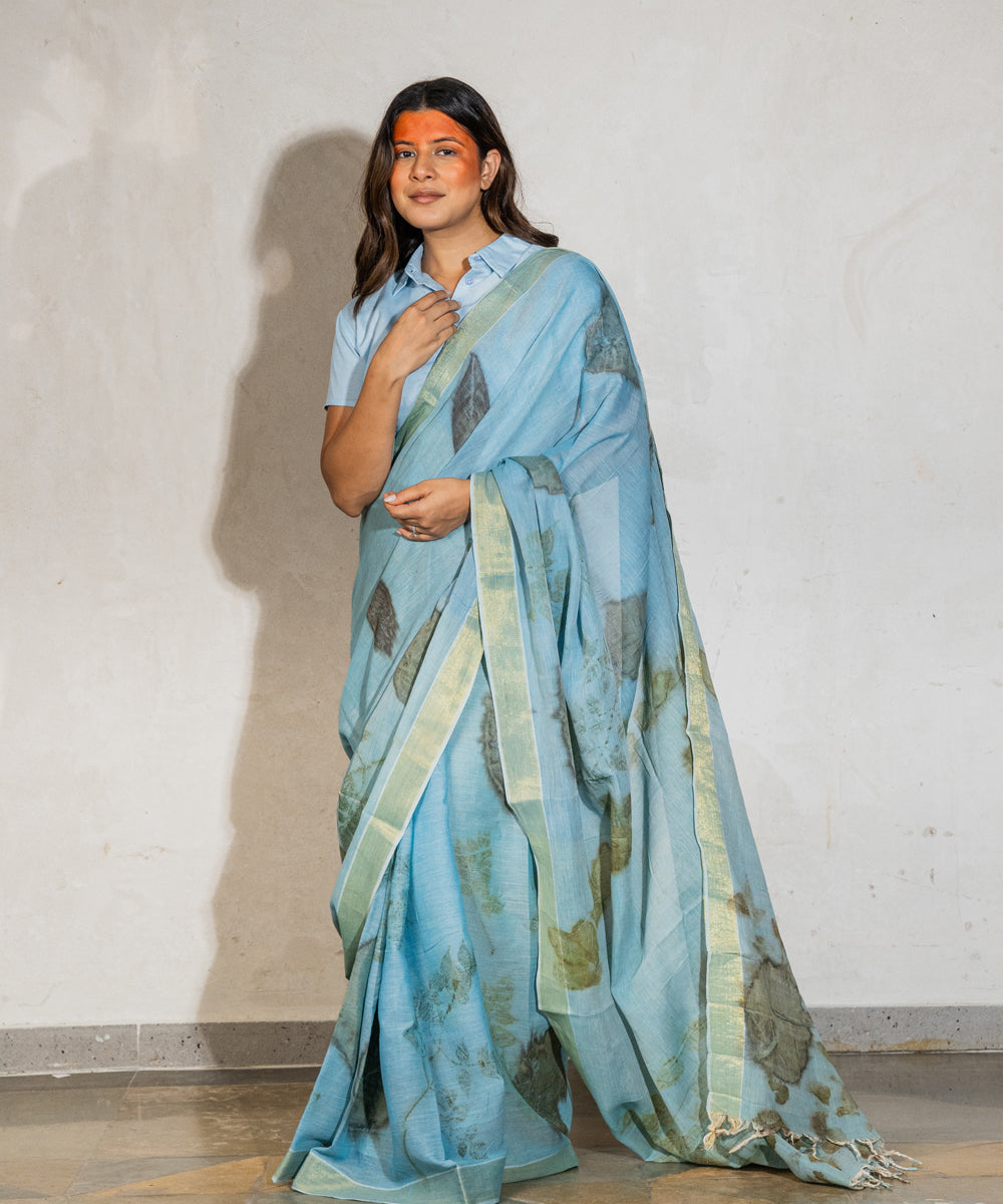 Soft indigo blue dyed liquid extracts of indigo print cotton saree