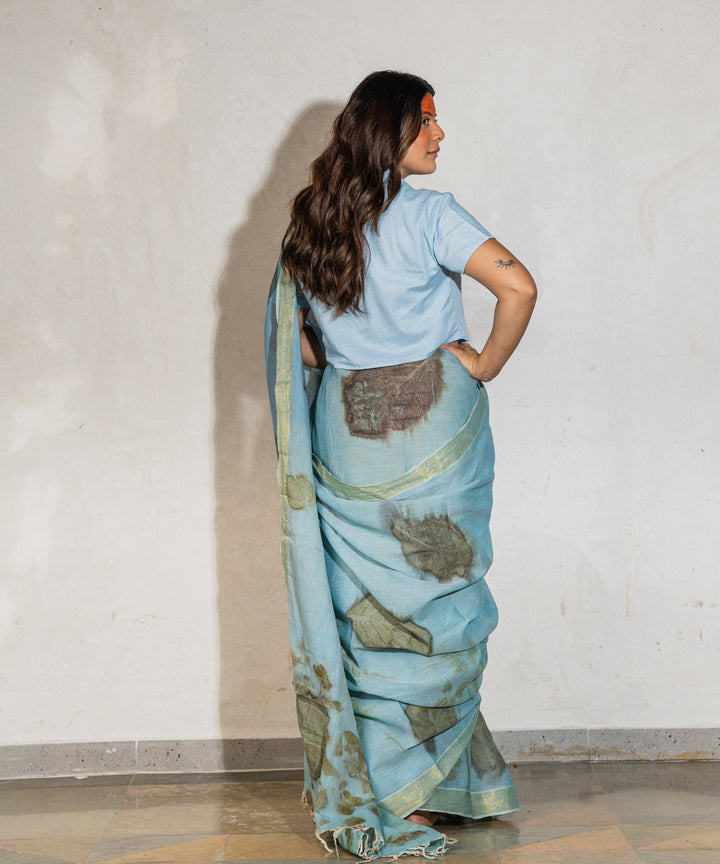 Soft indigo blue dyed liquid extracts of indigo print cotton saree