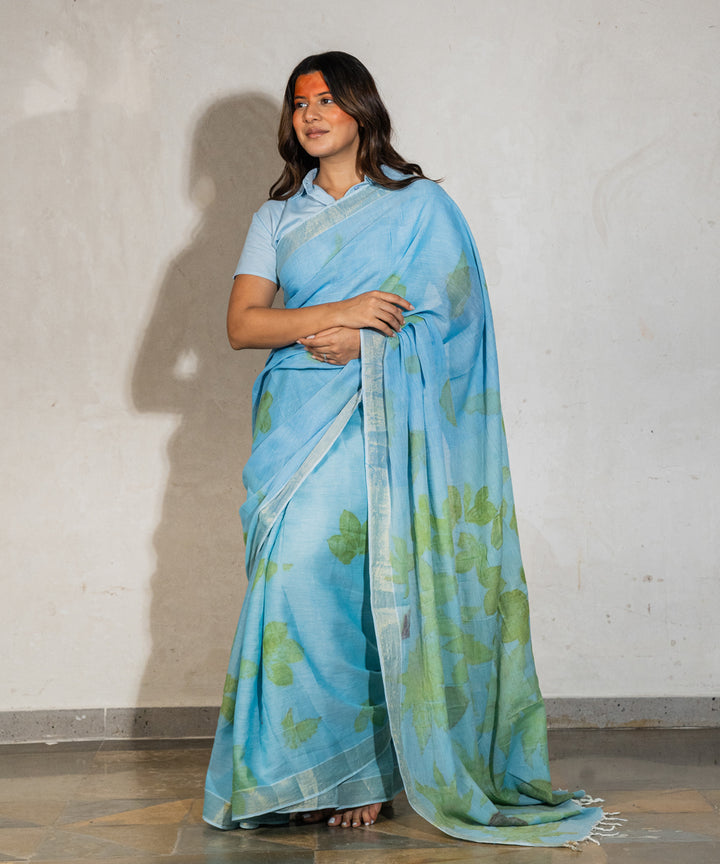 Soft indigo cotton blue dyed liquid extracts of indigo print saree