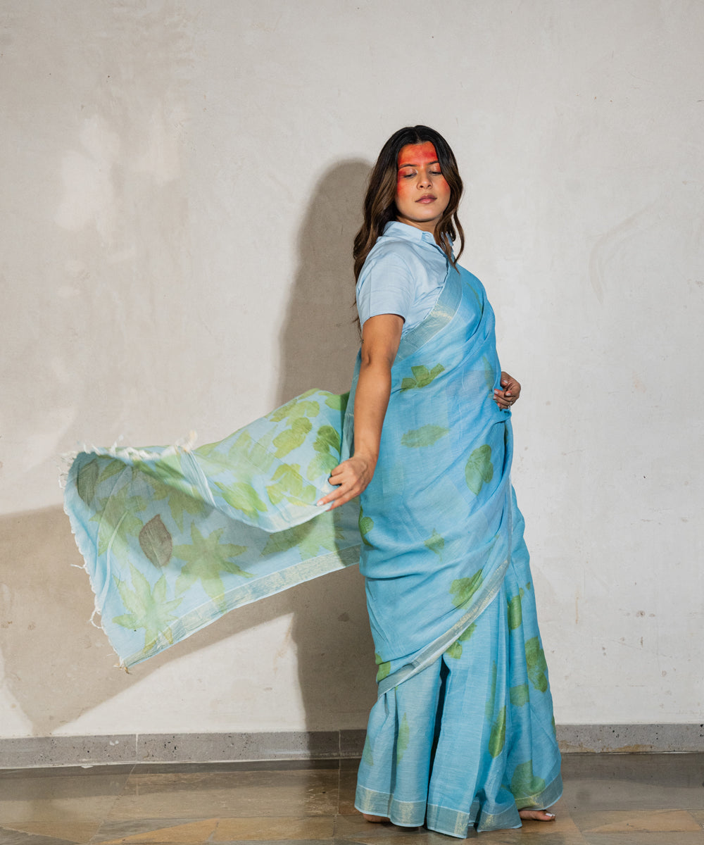 Soft indigo cotton blue dyed liquid extracts of indigo print saree