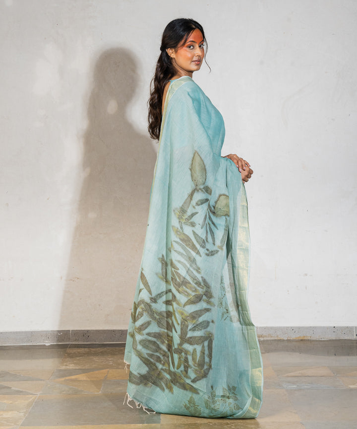 Soft indigo blue dyed liquid extracts of indigo cotton print saree