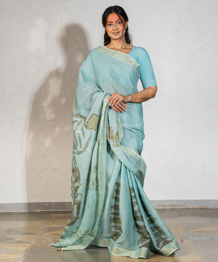 Soft indigo blue dyed liquid extracts of indigo cotton print saree