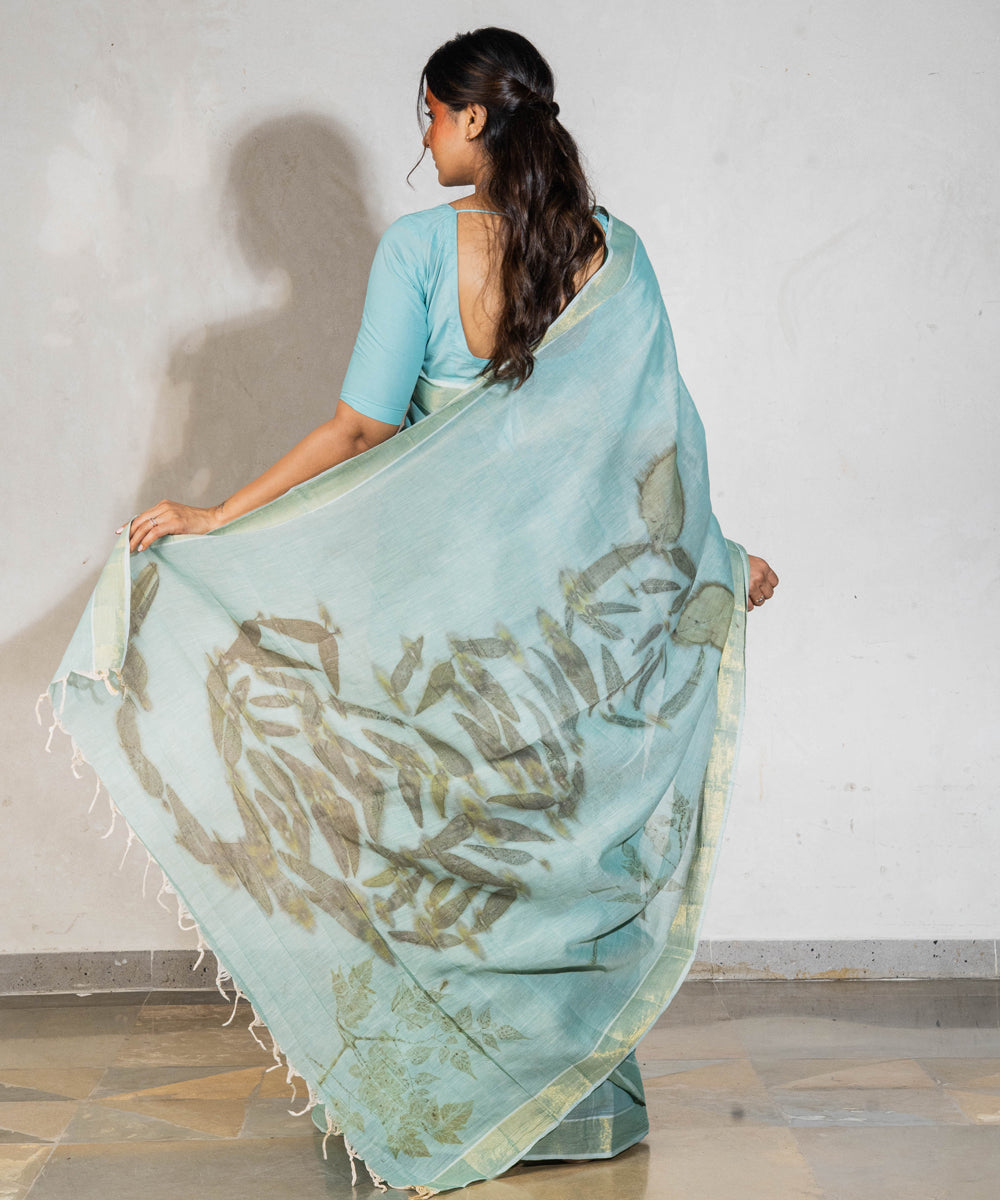 Soft indigo blue dyed liquid extracts of indigo cotton print saree