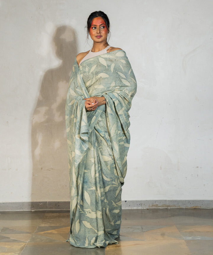 Light olive green hand dyed pomegranate skin cotton bio print saree
