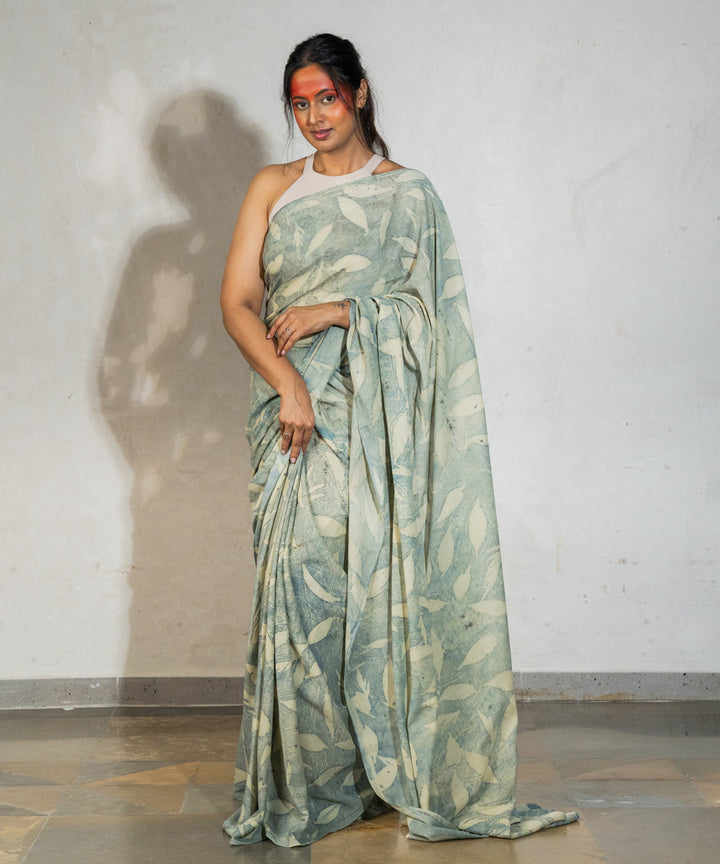 Light olive green hand dyed pomegranate skin cotton bio print saree