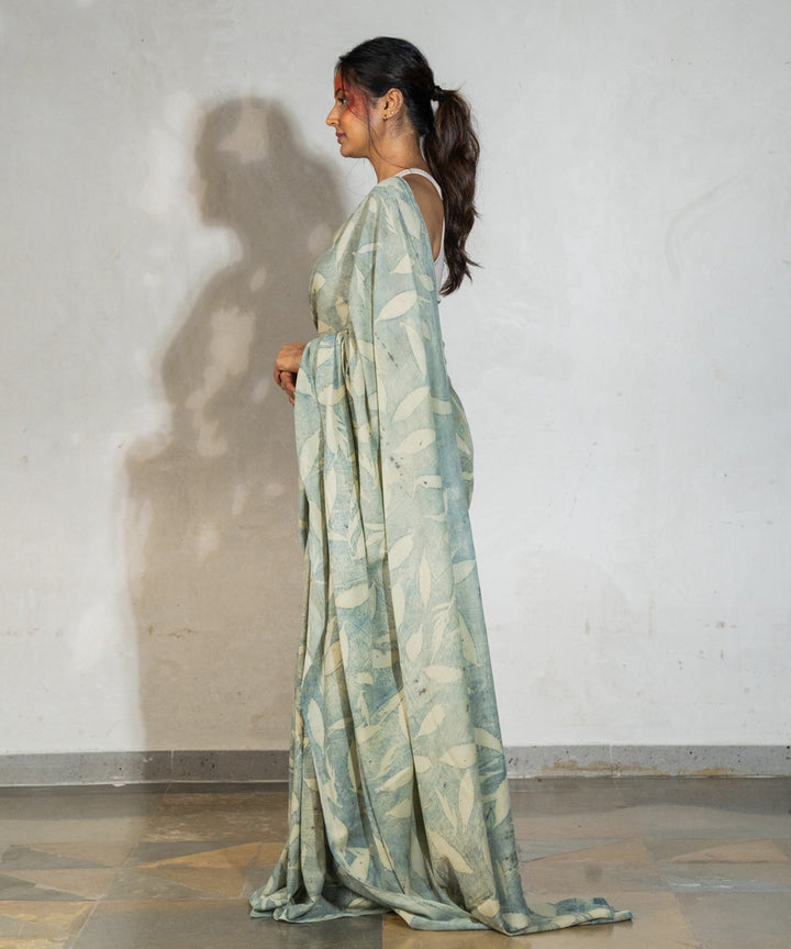 Light olive green hand dyed pomegranate skin cotton bio print saree