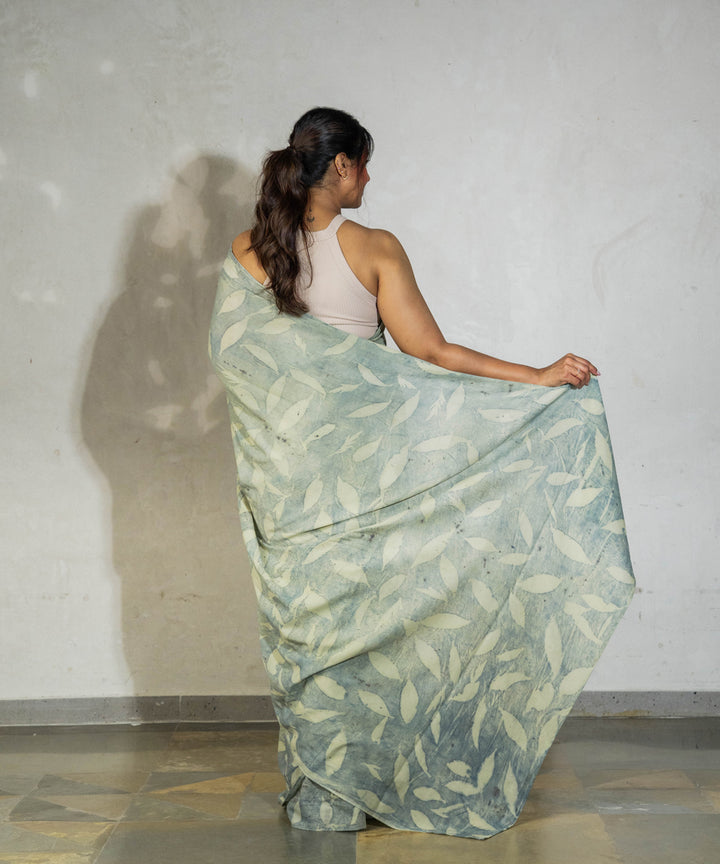 Light olive green hand dyed pomegranate skin cotton bio print saree