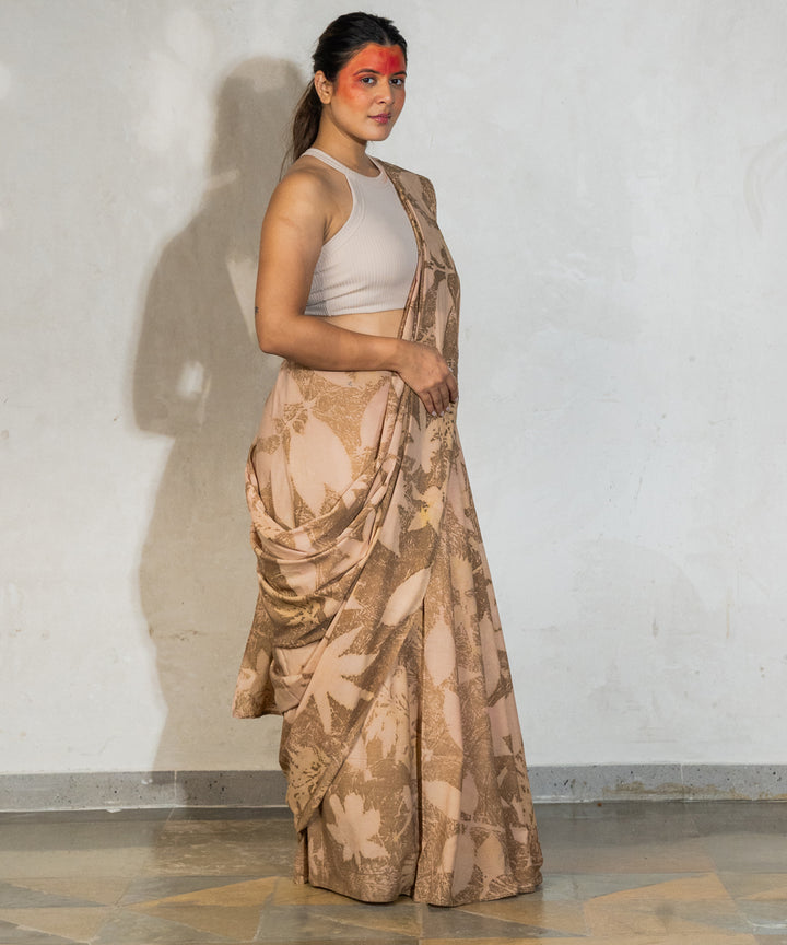 Soft mocha brown hand dye coffee chikori powder cotton bio print saree