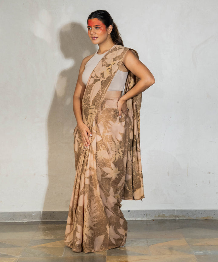 Soft mocha brown hand dye coffee chikori powder cotton bio print saree