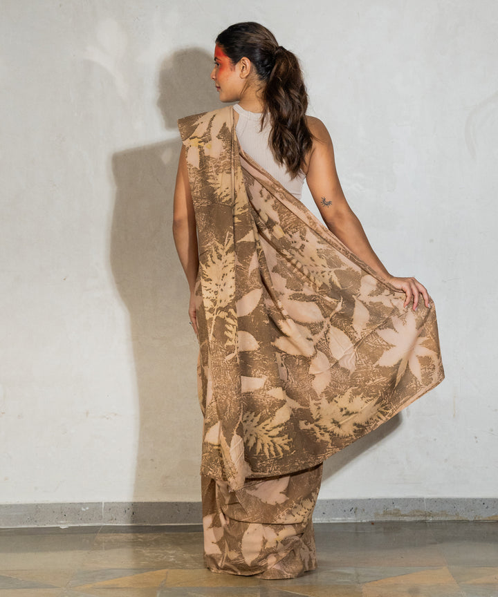 Soft mocha brown hand dye coffee chikori powder cotton bio print saree