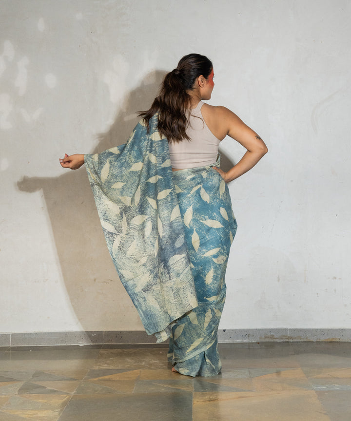 Light olive green cotton hand dyed pomegranate skin bio print saree