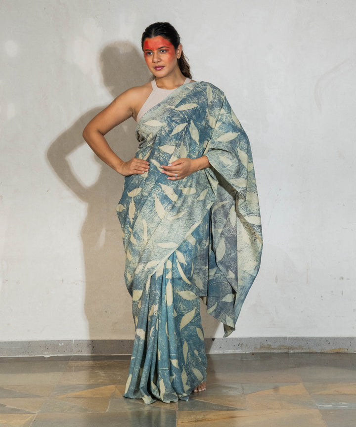 Light olive green cotton hand dyed pomegranate skin bio print saree