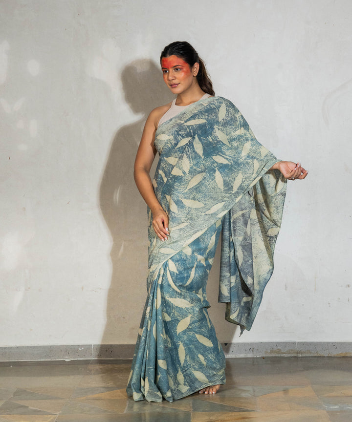 Light olive green cotton hand dyed pomegranate skin bio print saree