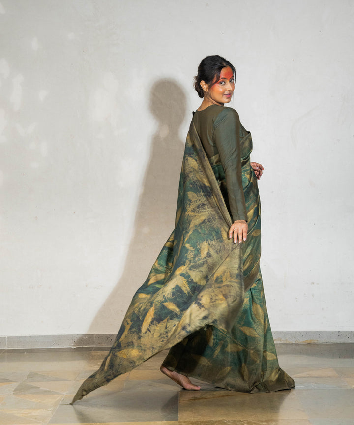 Olive green hand dyed olives pomegranate skin silk bio print saree