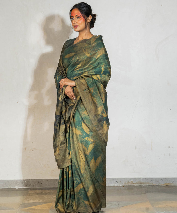 Olive green hand dyed olives pomegranate skin silk bio print saree