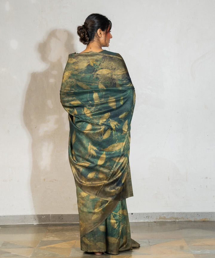 Olive green hand dyed olives pomegranate skin silk bio print saree