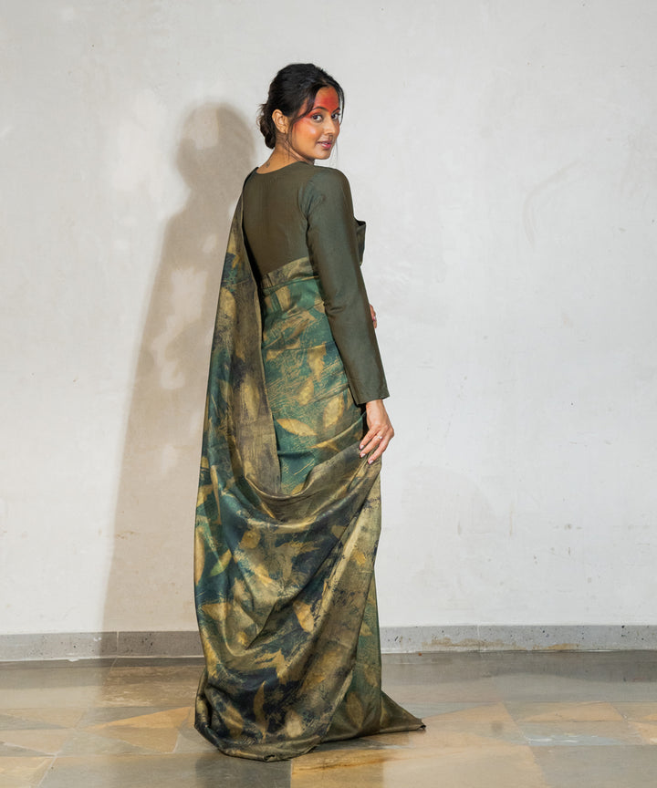 Olive green hand dyed olives pomegranate skin silk bio print saree