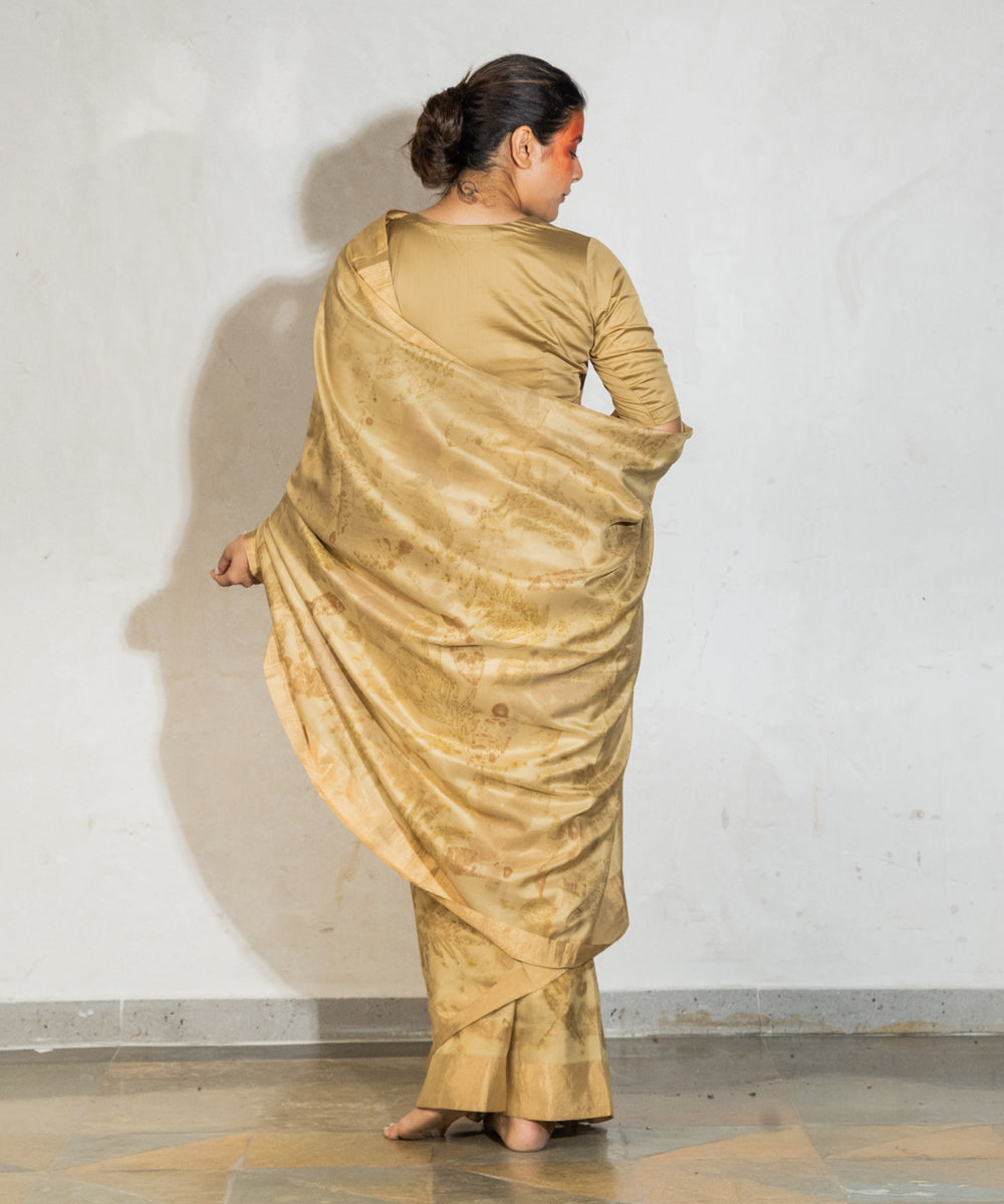 Champagne beige silk hand dyed with harde cotton bio print saree
