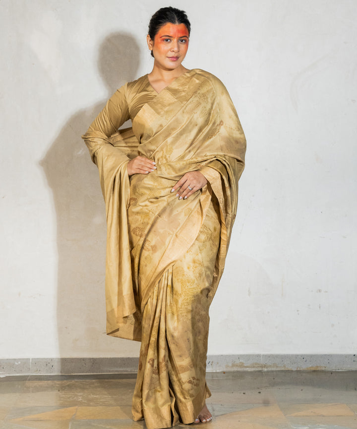 Champagne beige silk hand dyed with harde cotton bio print saree
